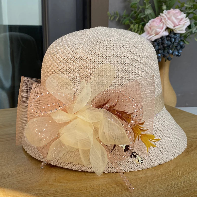 New Fashion Women’s Fedora Bowler Straw Hat – Spring Summer Breathable Flax Gauze with Elegant Flowers
