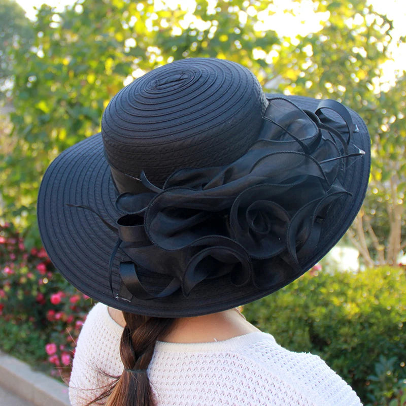 Spring Summer Women’s Mesh Organza Flower Hat – Elegant Wide Brim Dome Sun Hat for Weddings, Parties & Outdoor Fashion