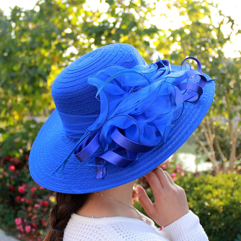 Spring Summer Women’s Mesh Organza Flower Hat – Elegant Wide Brim Dome Sun Hat for Weddings, Parties & Outdoor Fashion