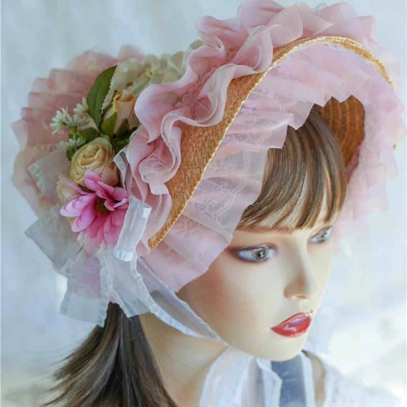 Handmade Lace Straw Sun Hat – Elegant Ribbon Wide Brim Hat for Women, Lolita Fashion Tea Party, Summer Beach & Travel