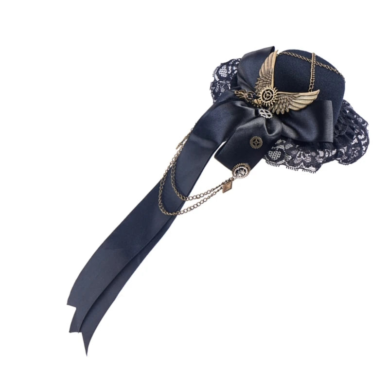 Elegant Steampunk Mini Top Hat Hair Clip – Chain & Bowknot Fedora Headpiece for Women, Masquerade, Cosplay, Party & Dress-Up Costumes