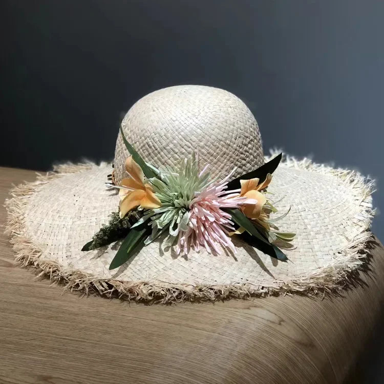 Women’s Large Brim Straw Hat – Oversized Flat Top Beach Hat with Floral Decoration, Elegant Travel & Holiday Fashion Accessory