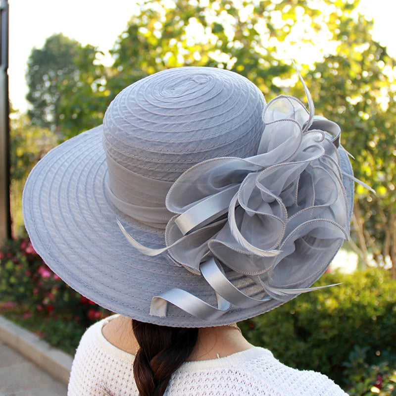 Spring Summer Women’s Mesh Organza Flower Hat – Elegant Wide Brim Dome Sun Hat for Weddings, Parties & Outdoor Fashion