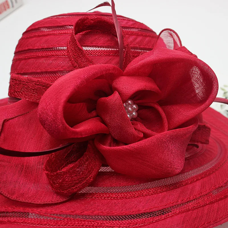New Fashion Women’s Organza Sun Hat – Wide Brim Fedora with Big Flower, Elegant Wedding & Church Party Hat