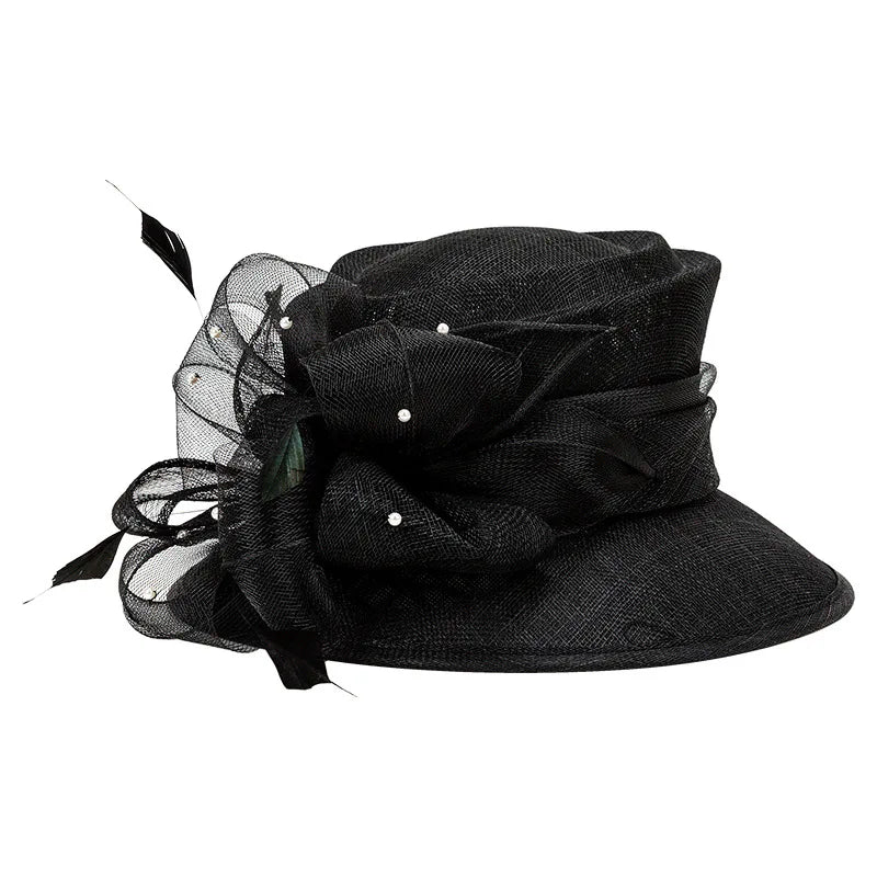 Elegant Court Sinamay Linen Wide Brim Hat for Women – Wedding, Church, Kentucky Derby & Party Fedora with Floral Detail, Ladies Formal Summer Headwear