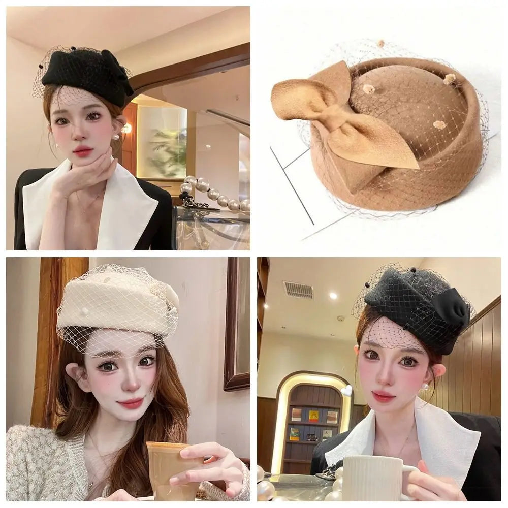 Elegant British Wool Fascinator Hat with Bow & Veil – Women’s Vintage Pillbox Hat for Weddings, Photography & Formal Events
