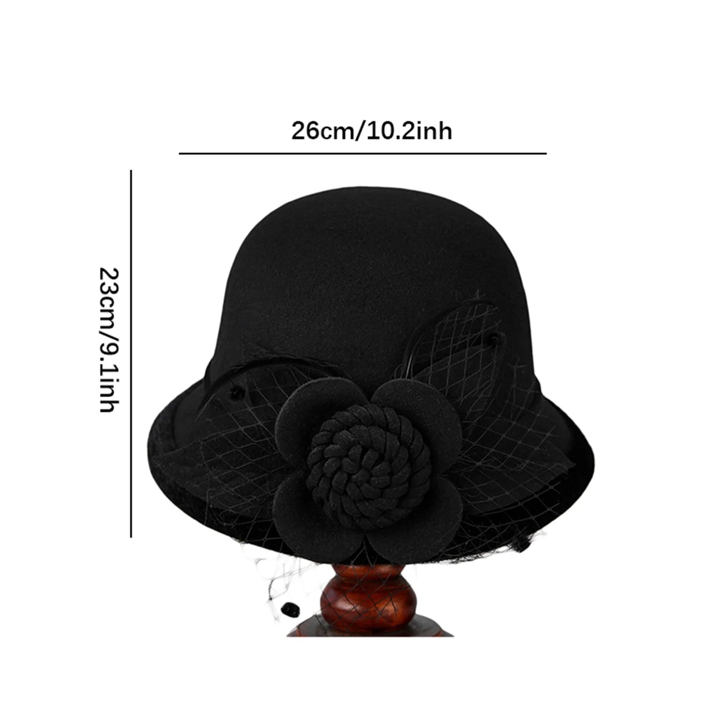Women’s Wide Brim Bowler Hat – Vintage Church Hat with Mesh & Flowers, Elegant Accessory for Fancy Dress & Costumes