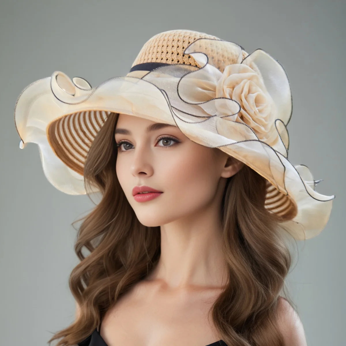 Elegant Women’s Summer Sun Hat – Breathable Foldable Organdy Hat with Woven Top & Flower Decoration