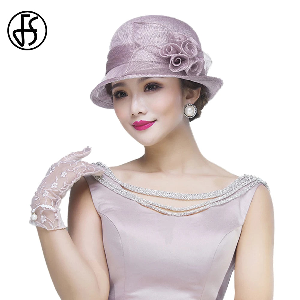 FS Sinamay Wedding Fedora Hats for Women – Elegant Linen Church Hat, Kentucky Derby Tea Party Dress Formal Occasion Millinery Cap