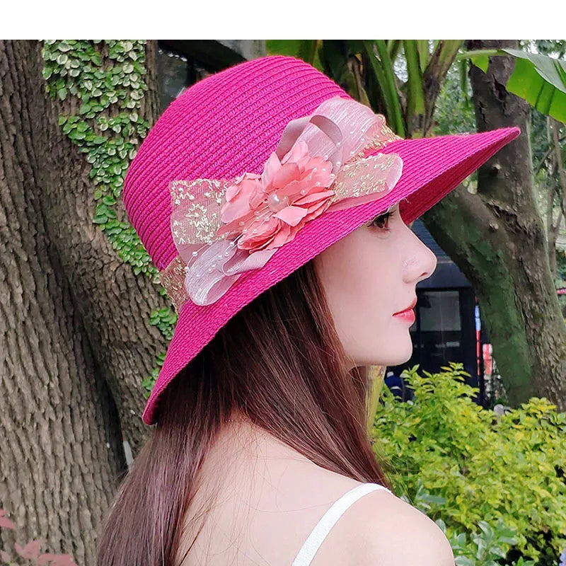 Fashion Women’s Summer Straw Sun Hat – Lace Bowknot & Flower Ribbon Flat Top Beach Bucket Cap Panama Style