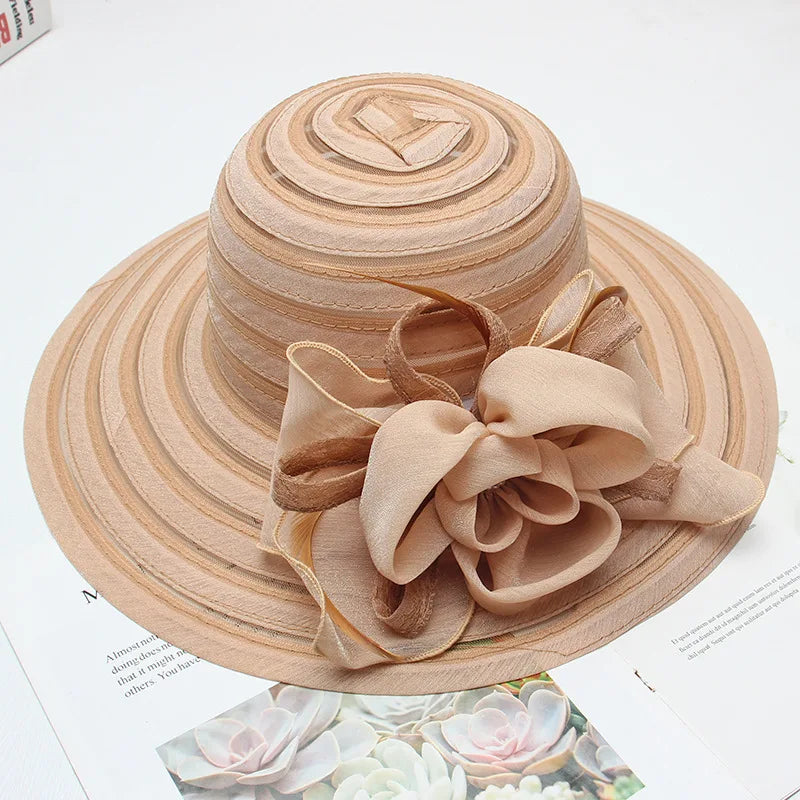 New Fashion Women’s Organza Sun Hat – Wide Brim Fedora with Big Flower, Elegant Wedding & Church Party Hat