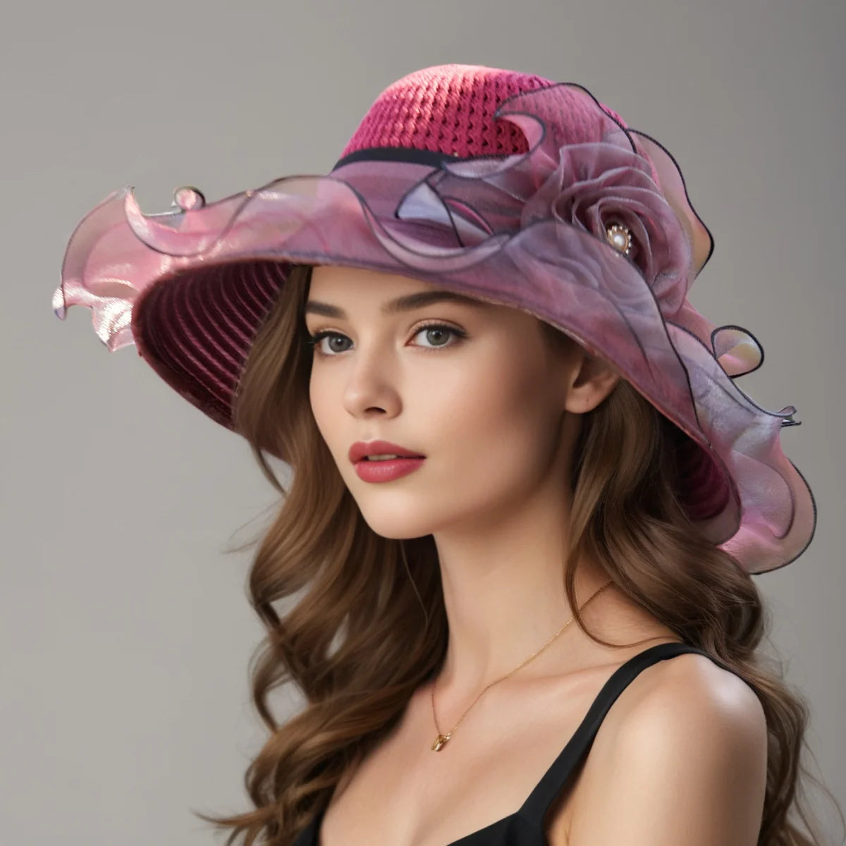 Elegant Women’s Summer Sun Hat – Breathable Foldable Organdy Hat with Woven Top & Flower Decoration