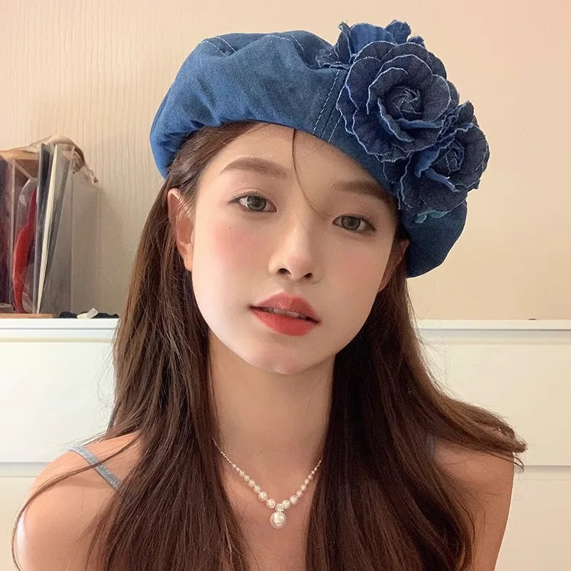 Ladies Denim Beret Hat – Vintage Retro Painter Cap with Floral Design, Casual Cowboy Style Luxury Spring & Autumn Hat for Women