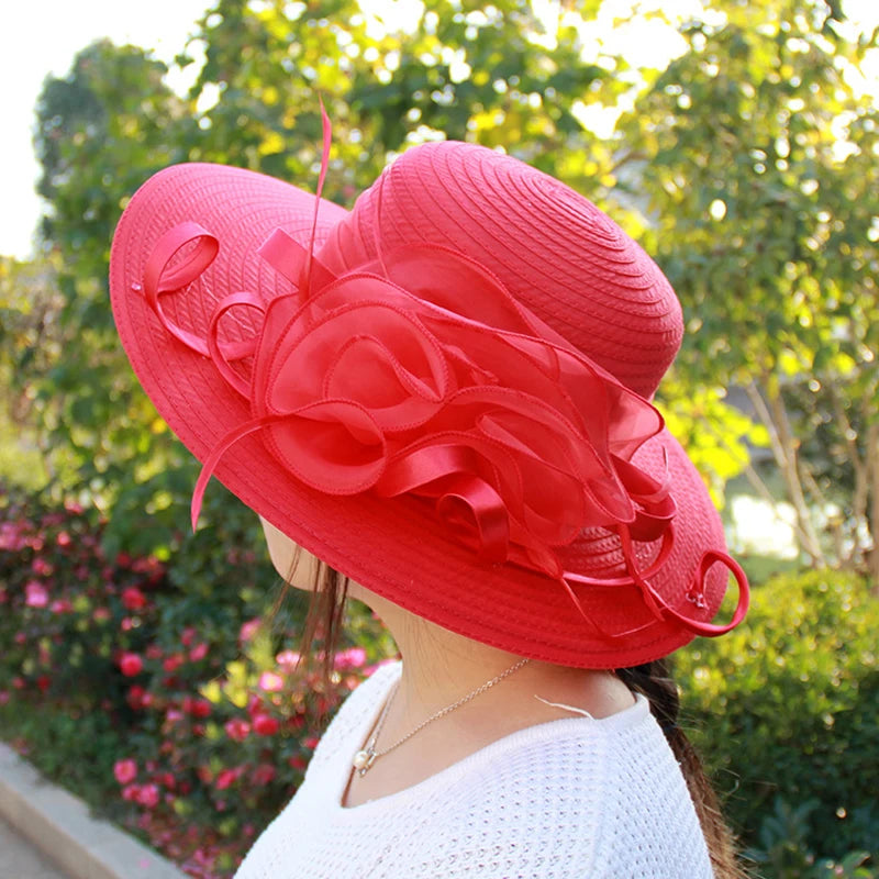 Spring Summer Women’s Mesh Organza Flower Hat – Elegant Wide Brim Dome Sun Hat for Weddings, Parties & Outdoor Fashion