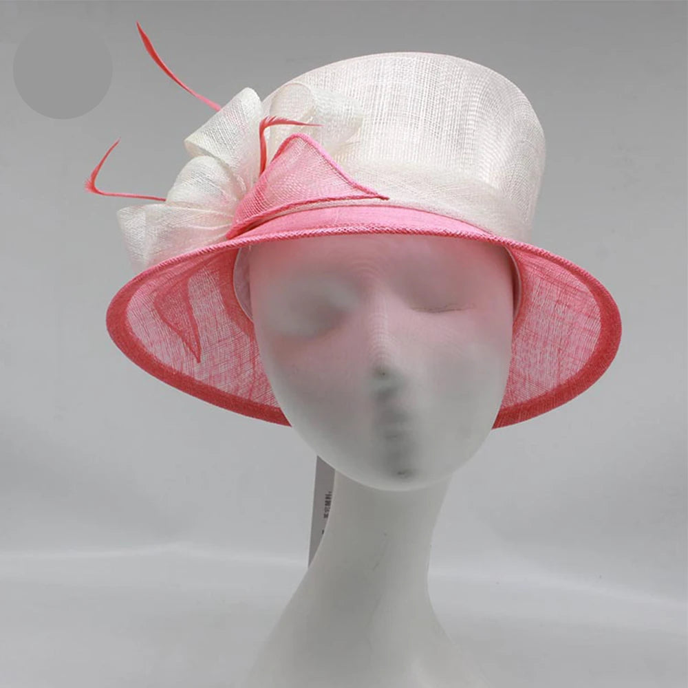 Pink Sinamay Flat Top Kentucky Derby Hat – Elegant Wedding Bridal Millinery, UV Protection Lightweight Linen Sun Cap for Women