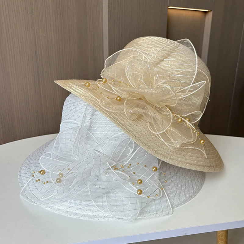 2025 Women’s Elegant Floral Organdy Sun Hat – Foldable Wide Brim Summer Beach Fedora Cap for Parties, Travel & Outdoor Wear