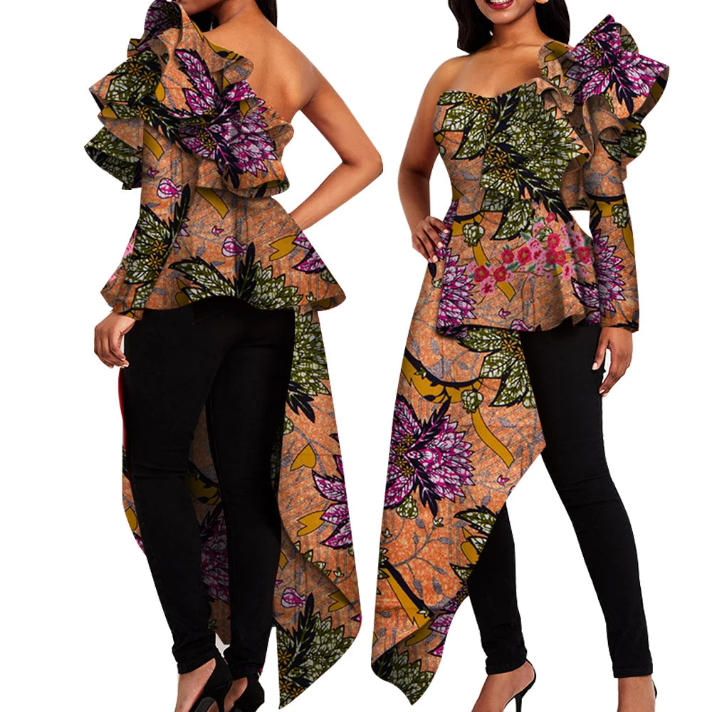 African Women Fashion Women Blouse, One Shoulder Ruffled Sleeve, African Shirt