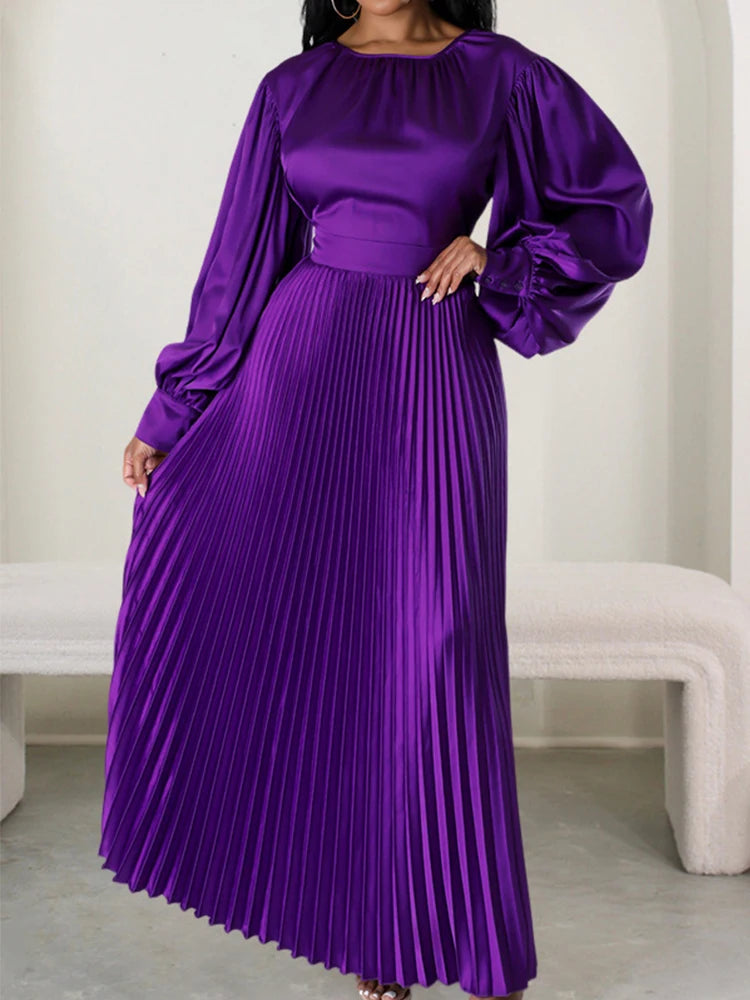 2024 Spring Pleated Loose Maxi Dress Women Solid Ruched Lantern Full Sleeve Party Gown Elegant Long Dress