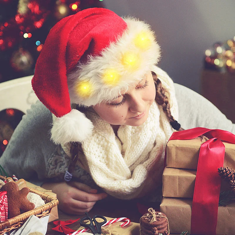 Red Christmas Santa Hat β Warm Cotton Xmas Cap with Lights, Perfect for Adults & Kids, New Year & Navidad Gifts