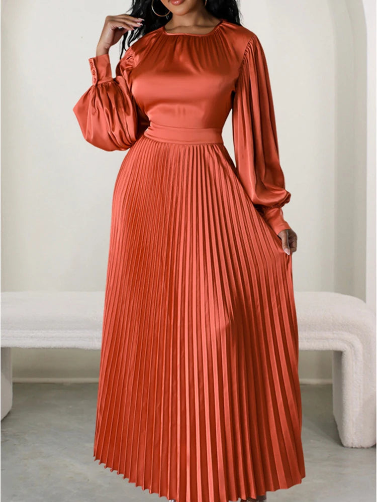 2024 Spring Pleated Loose Maxi Dress Women Solid Ruched Lantern Full Sleeve Party Gown Elegant Long Dress
