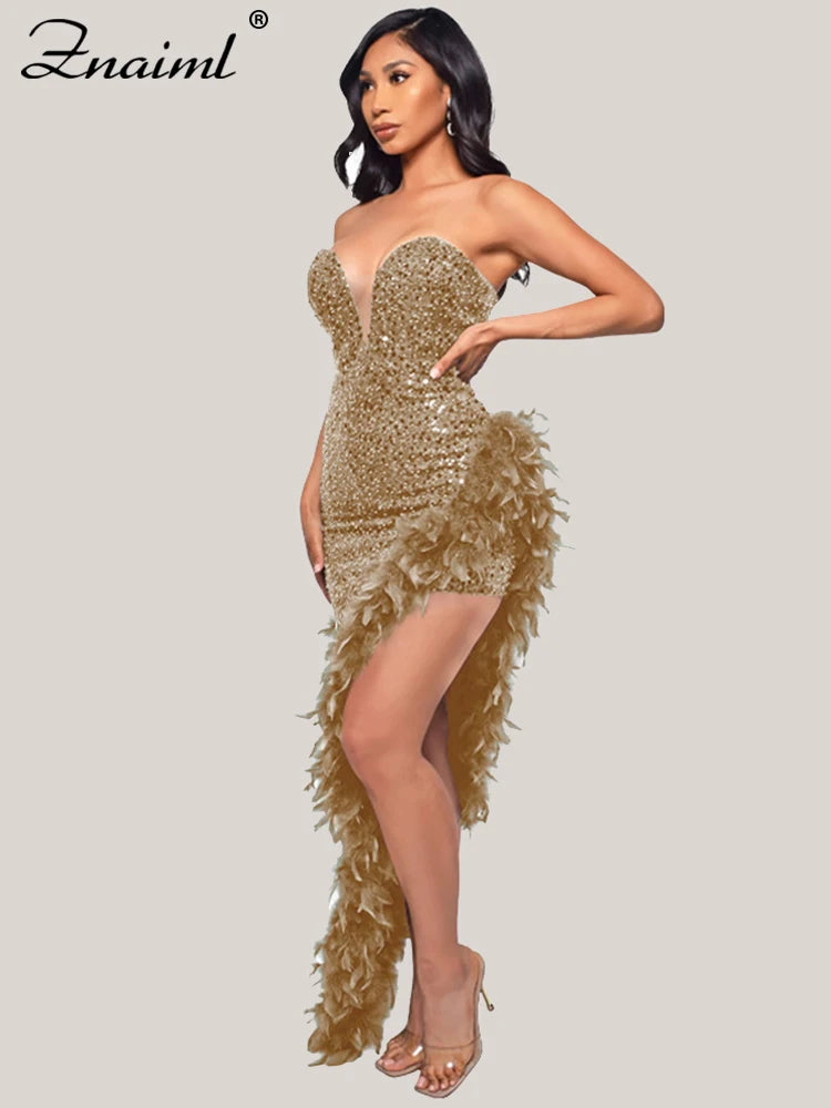Elegant Feathers High Split Birthday Party Glitter Sequins Maxi Dress Women Night Club Wedding Evening Prom Dresses Robe
