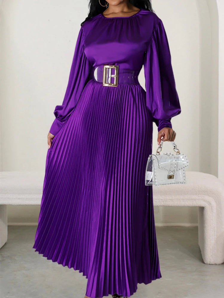 2024 Spring Pleated Loose Maxi Dress Women Solid Ruched Lantern Full Sleeve Party Gown Elegant Long Dress