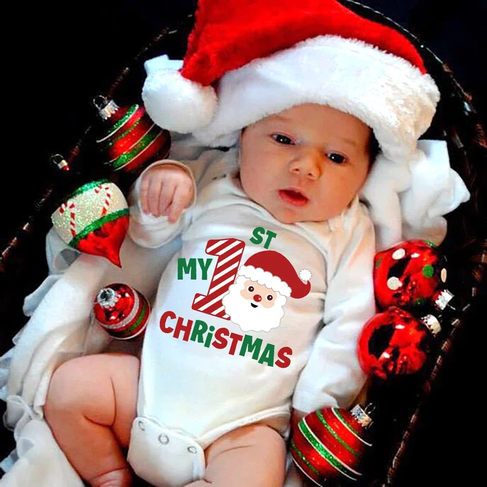 My First Christmas Baby Romper β Newborn White Long Sleeve Bodysuit with Cartoon Snowman Print, Infant Baptism Outfit & Xmas Gift