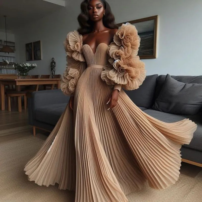 High Quality Champagne Pleated A-line Long Evening Dresses Ruffles Floral Puff Sleeves Modest Formal Party Dress Maxi Gowns