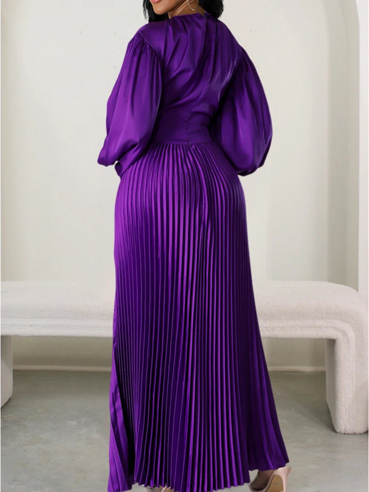 2024 Spring Pleated Loose Maxi Dress Women Solid Ruched Lantern Full Sleeve Party Gown Elegant Long Dress