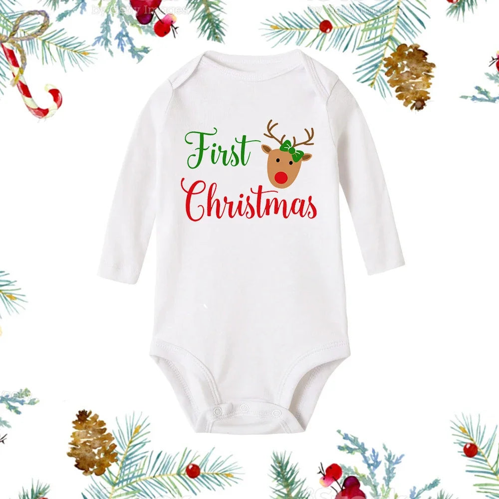 My First Christmas Baby Romper β Newborn White Long Sleeve Bodysuit with Cartoon Snowman Print, Infant Baptism Outfit & Xmas Gift