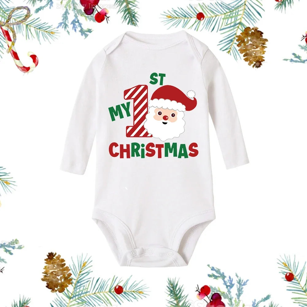 My First Christmas Baby Romper β Newborn White Long Sleeve Bodysuit with Cartoon Snowman Print, Infant Baptism Outfit & Xmas Gift