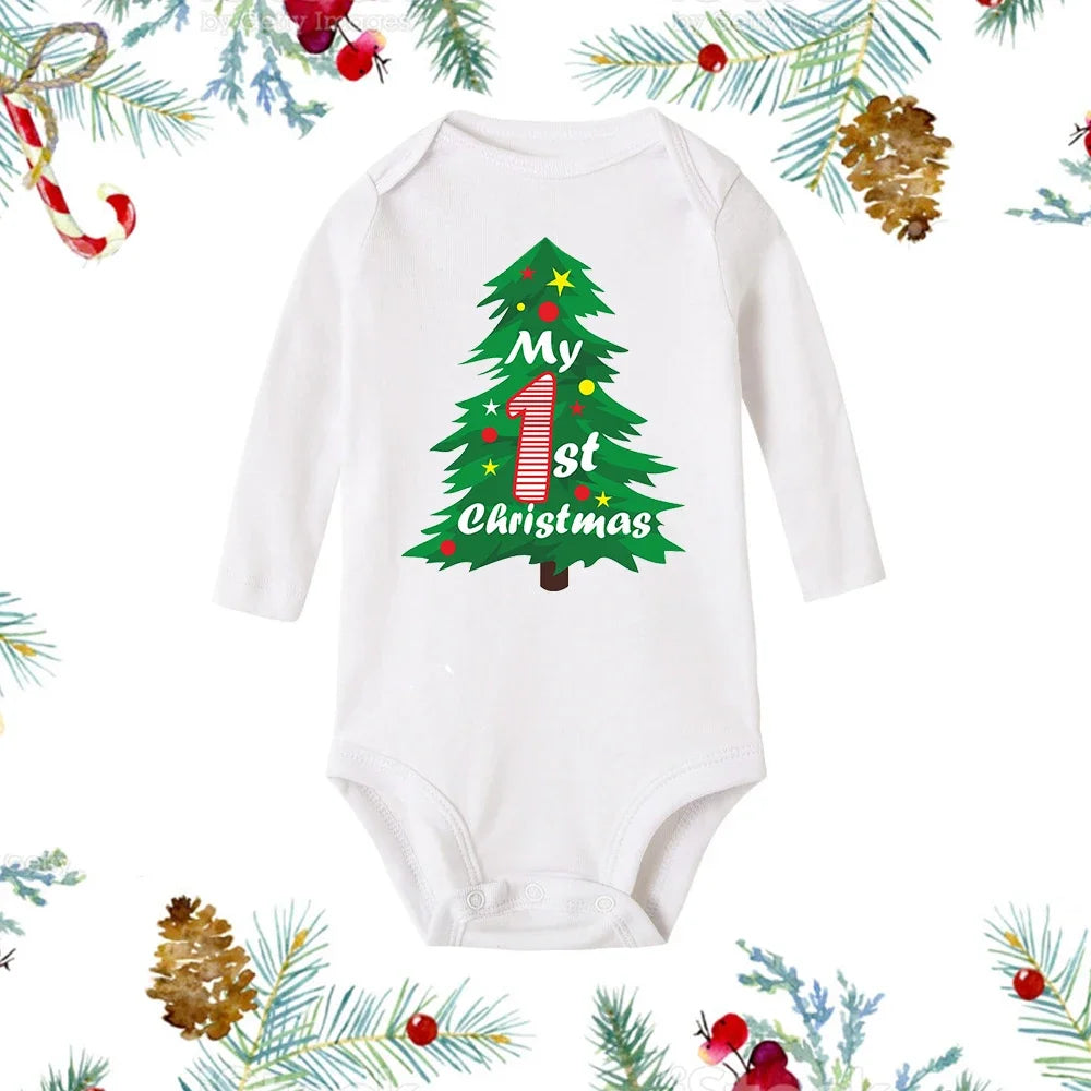 My First Christmas Baby Romper β Newborn White Long Sleeve Bodysuit with Cartoon Snowman Print, Infant Baptism Outfit & Xmas Gift