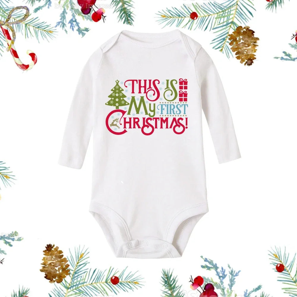 My First Christmas Baby Romper β Newborn White Long Sleeve Bodysuit with Cartoon Snowman Print, Infant Baptism Outfit & Xmas Gift