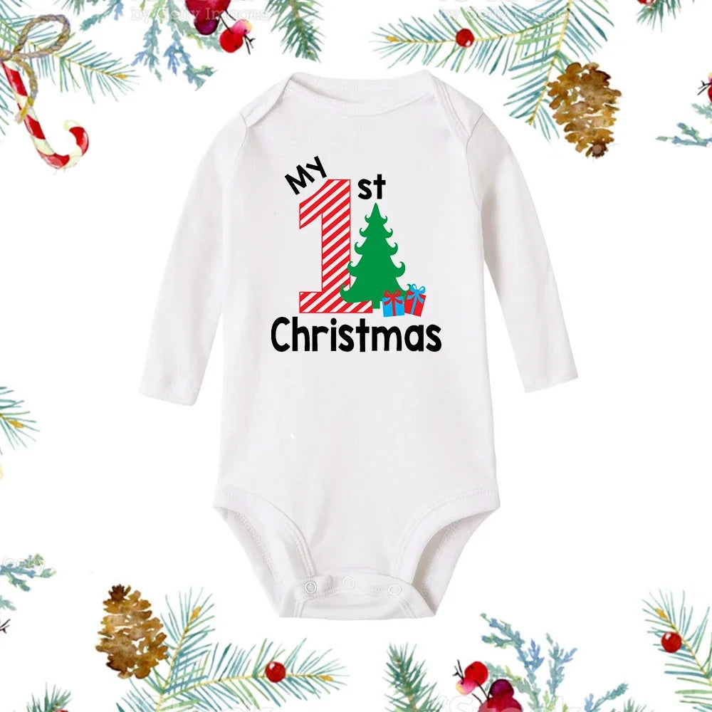 My First Christmas Baby Romper β Newborn White Long Sleeve Bodysuit with Cartoon Snowman Print, Infant Baptism Outfit & Xmas Gift