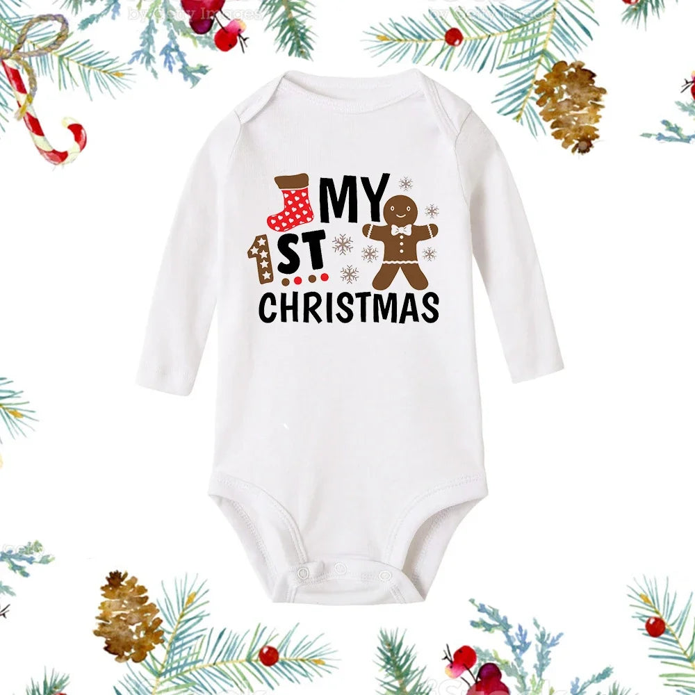 My First Christmas Baby Romper β Newborn White Long Sleeve Bodysuit with Cartoon Snowman Print, Infant Baptism Outfit & Xmas Gift