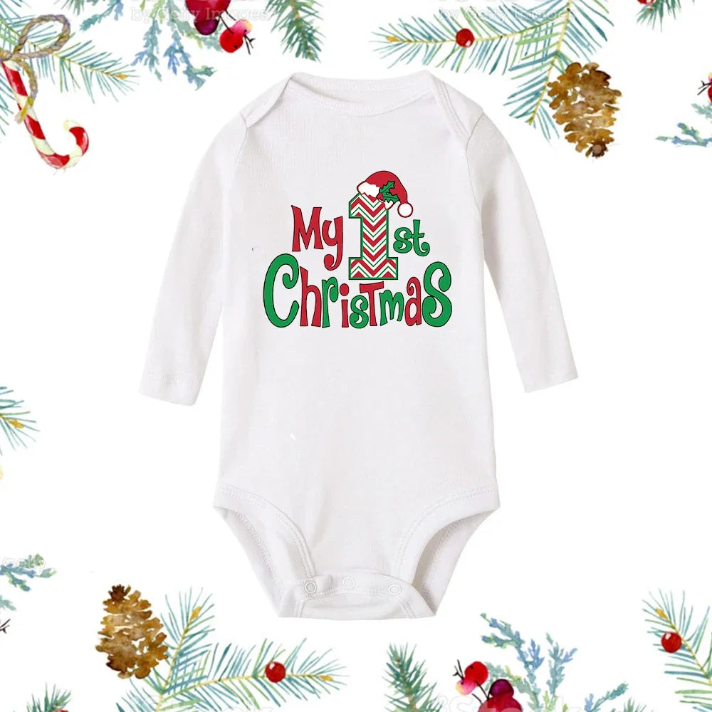 My First Christmas Baby Romper β Newborn White Long Sleeve Bodysuit with Cartoon Snowman Print, Infant Baptism Outfit & Xmas Gift