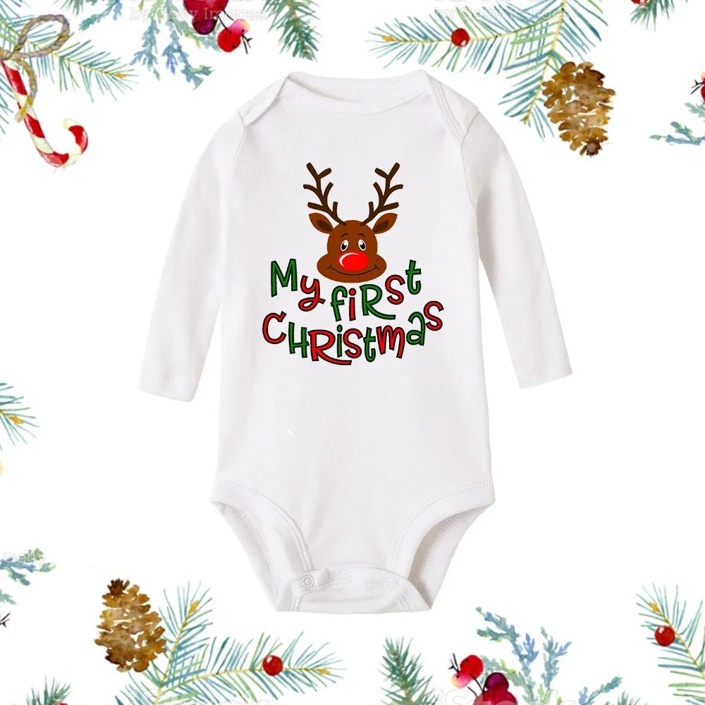 My First Christmas Baby Romper β Newborn White Long Sleeve Bodysuit with Cartoon Snowman Print, Infant Baptism Outfit & Xmas Gift