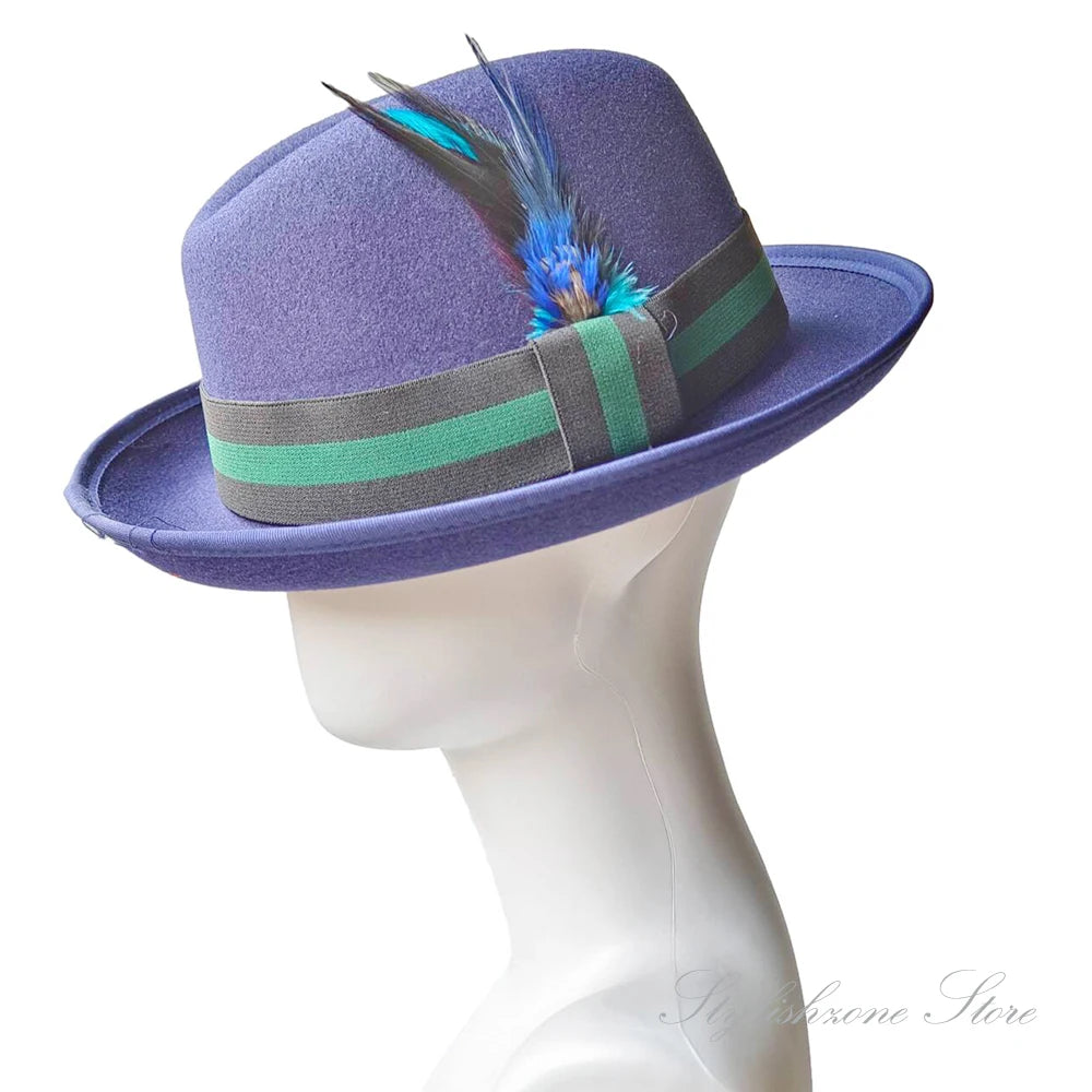 Men’s European & American Fedora – Small Top Winter Hat in Thickened Golden Velvet with Feather, Flipped Brim “Hamburger” Style