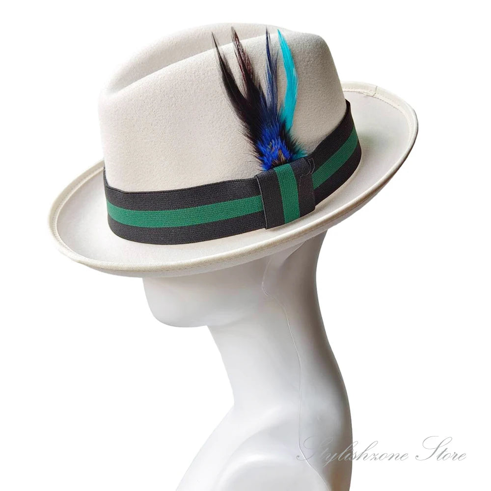 Men’s European & American Fedora – Small Top Winter Hat in Thickened Golden Velvet with Feather, Flipped Brim “Hamburger” Style