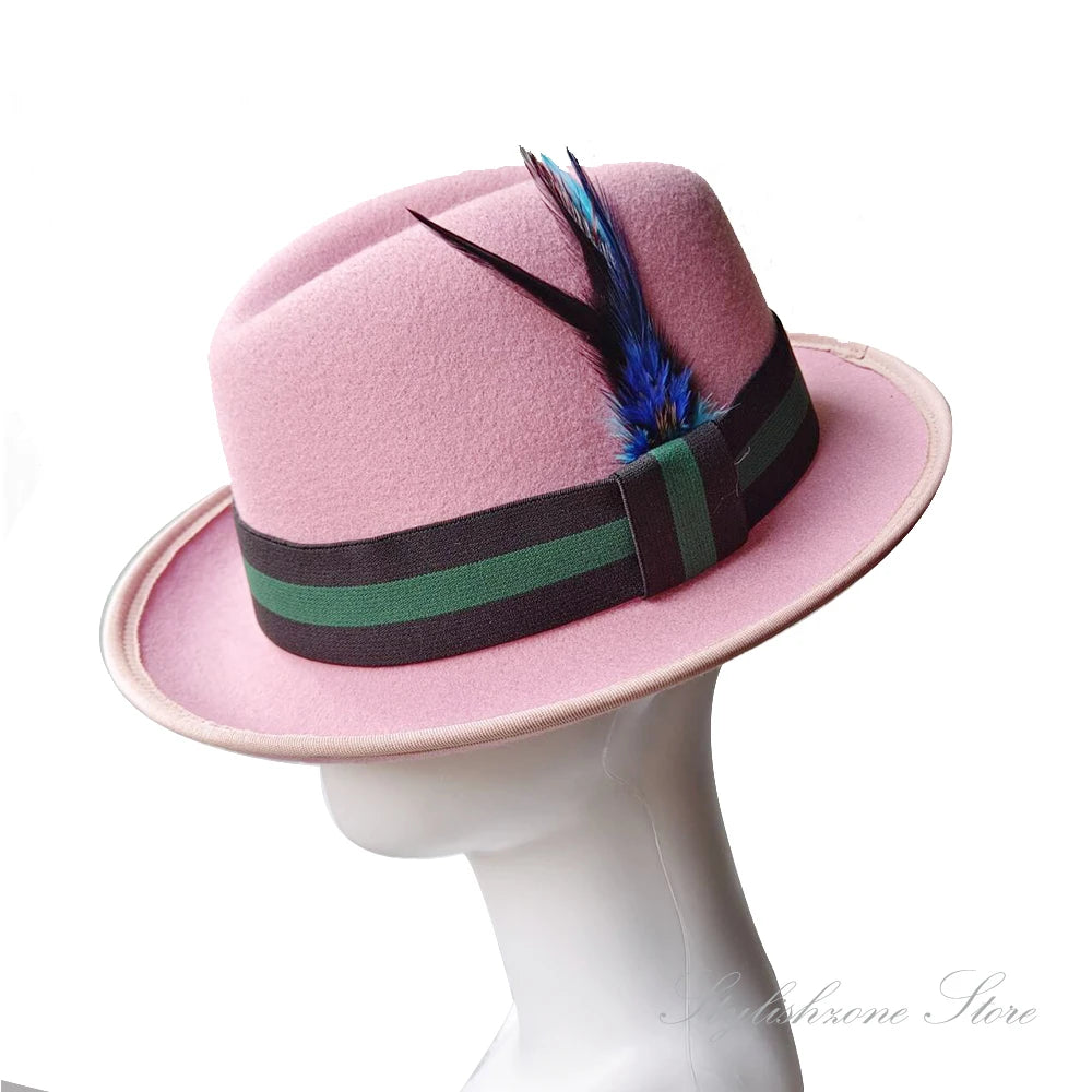 Men’s European & American Fedora – Small Top Winter Hat in Thickened Golden Velvet with Feather, Flipped Brim “Hamburger” Style