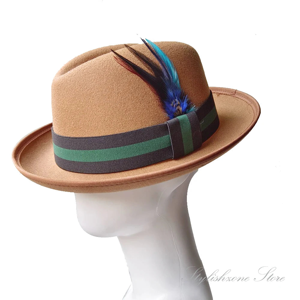 Men’s European & American Fedora – Small Top Winter Hat in Thickened Golden Velvet with Feather, Flipped Brim “Hamburger” Style