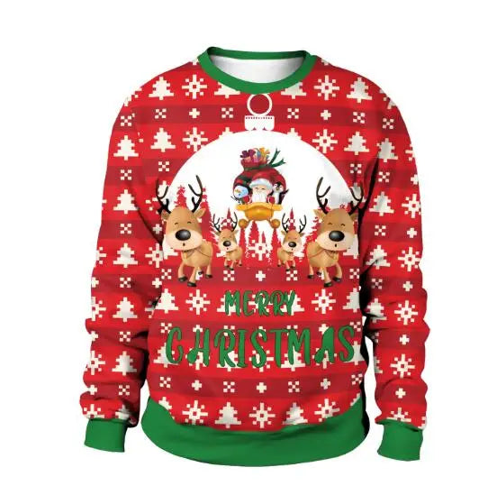 Ugly Christmas Sweater 2025, Funny Santa & Elf Print Pullover, Festive Holiday Party Top for Women & Men
