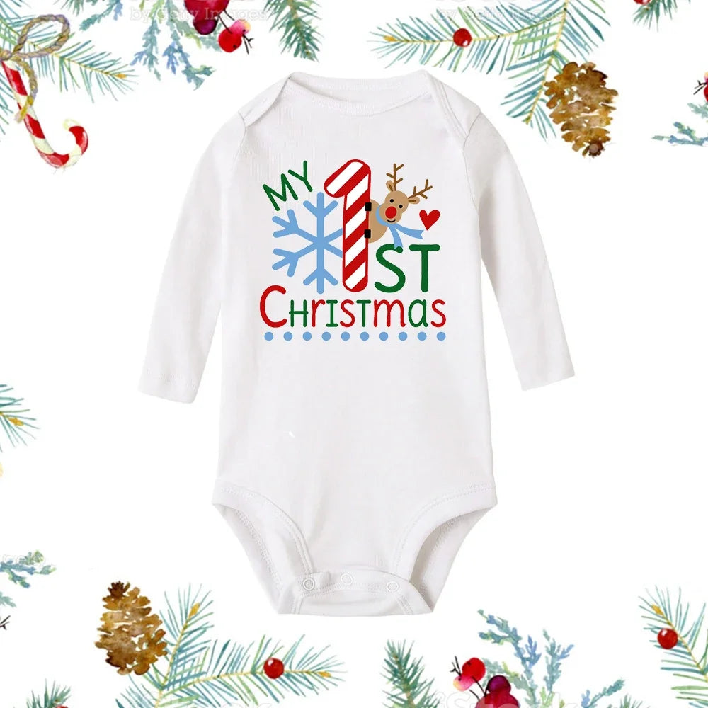 My First Christmas Baby Romper β Newborn White Long Sleeve Bodysuit with Cartoon Snowman Print, Infant Baptism Outfit & Xmas Gift