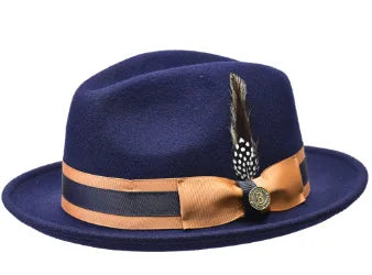 Men’s European & American Fedora – Small Top Winter Hat in Thickened Golden Velvet with Feather, Flipped Brim “Hamburger” Style