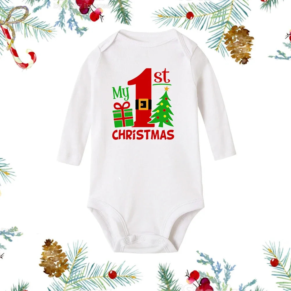 My First Christmas Baby Romper β Newborn White Long Sleeve Bodysuit with Cartoon Snowman Print, Infant Baptism Outfit & Xmas Gift