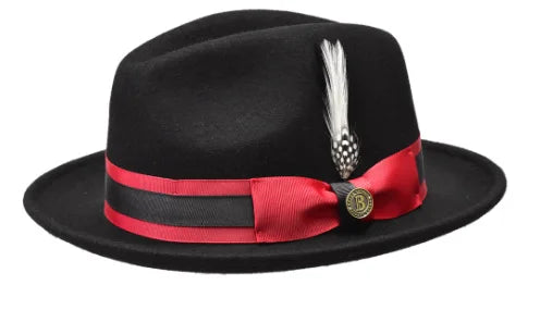 Men’s European & American Fedora – Small Top Winter Hat in Thickened Golden Velvet with Feather, Flipped Brim “Hamburger” Style