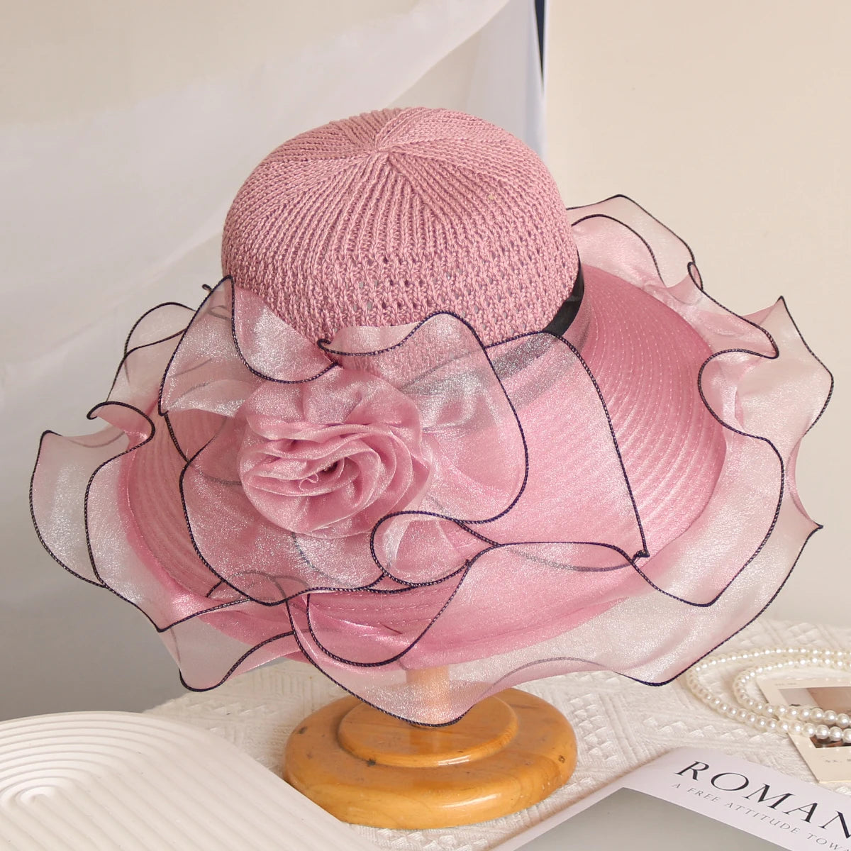 Elegant Women’s Summer Sun Hat – Breathable Foldable Organdy Hat with Woven Top & Flower Decoration
