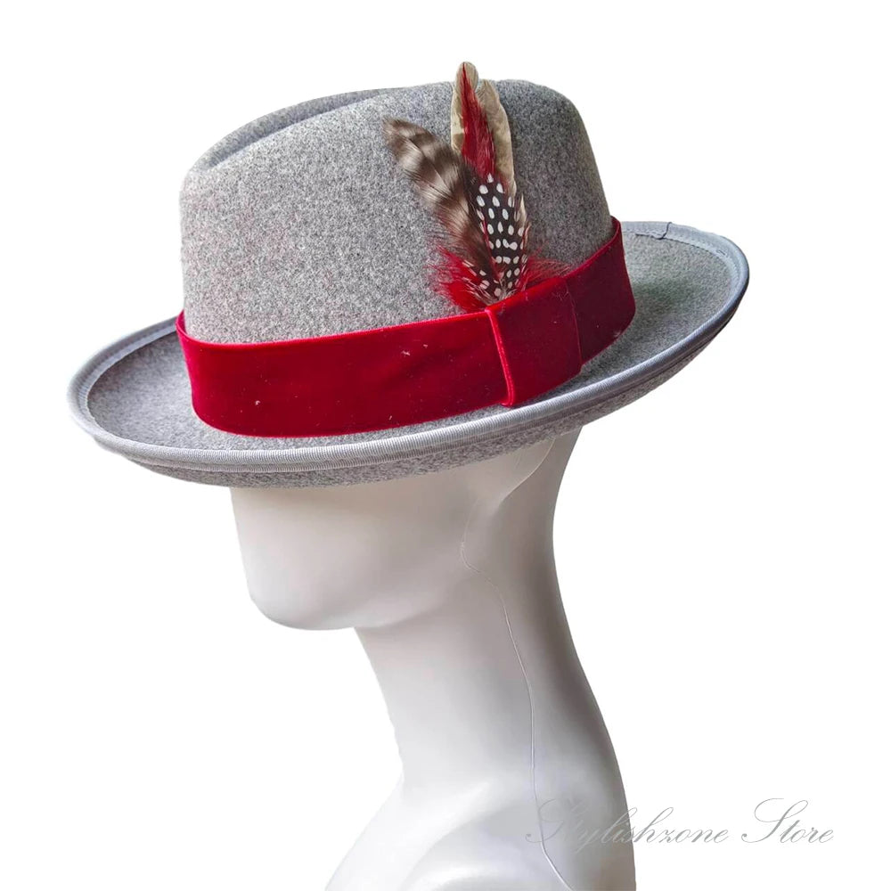 Men’s European & American Fedora – Small Top Winter Hat in Thickened Golden Velvet with Feather, Flipped Brim “Hamburger” Style