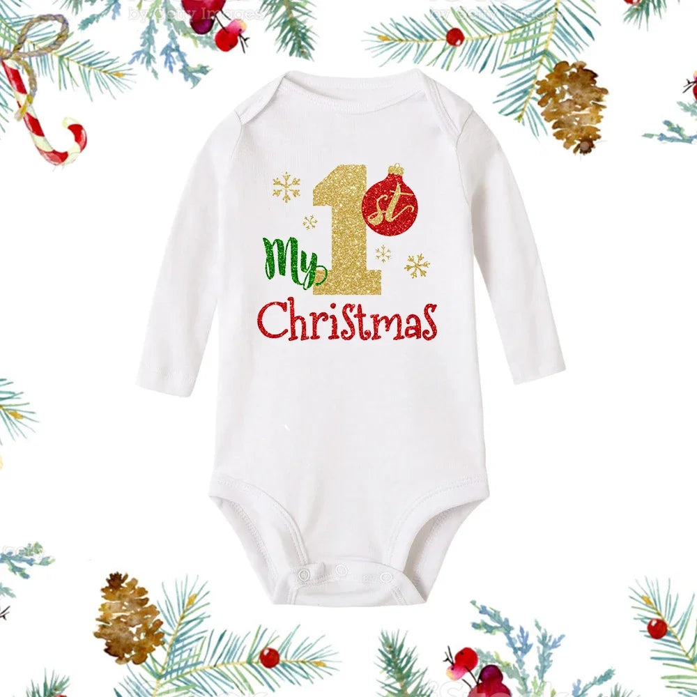 My First Christmas Baby Romper β Newborn White Long Sleeve Bodysuit with Cartoon Snowman Print, Infant Baptism Outfit & Xmas Gift