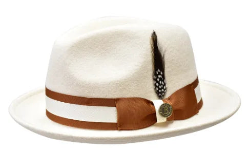 Men’s European & American Fedora – Small Top Winter Hat in Thickened Golden Velvet with Feather, Flipped Brim “Hamburger” Style